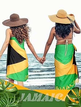 Jamaican woman in vibrant bikini on tropical beach with sun hat, sunglasses, and beach bag – Tropical Temptations