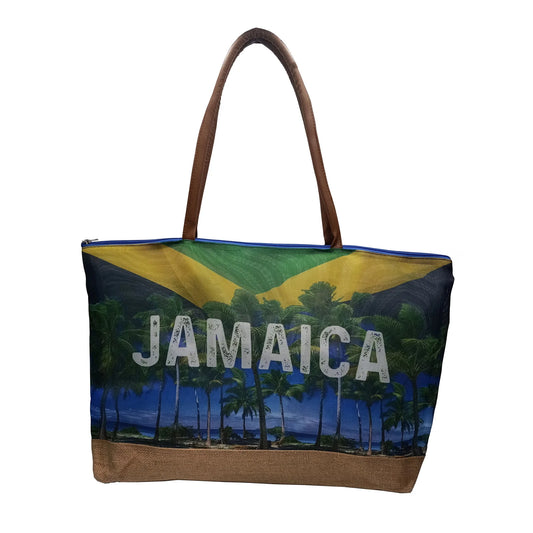 Large Mesh Beach Bag With Jute Bottom - Palm flag